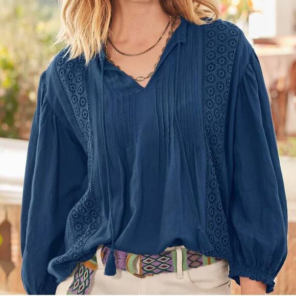 SUNDANCE Lexley Top Boho Crochet Pintuck Smocked Navy Blue - Size PM - Picture 1 of 8